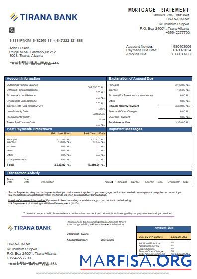 Printable Albania Tirana bank mortgage statement scr template
